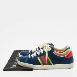 Pre Owned Gucci Ace Size 40.5 Blue Leather and Velvet Web Detail Lace Up Sneakers