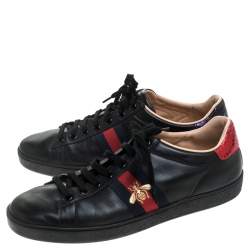 Gucci Black Leather Ace Web Bee Low Top Lace Up Sneakers Size 39.5