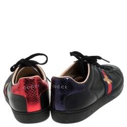 Gucci Black Leather Ace Web Bee Low Top Lace Up Sneakers Size 39.5