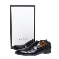 Gucci Black Leather Web Detail Penny Loafers Size 42