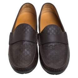 Gucci Dark Brown Micro Guccissima Leather Slip On Loafers Size 44