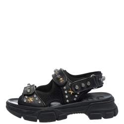 Gucci Black Leather And Mesh Aguru Studded Platform Sandals Size 41