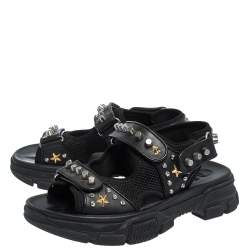 Gucci Black Leather And Mesh Aguru Studded Platform Sandals Size 41
