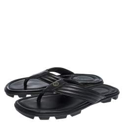 Gucci Black Leather GG Logo Thong Flat Sandals Size 42.5