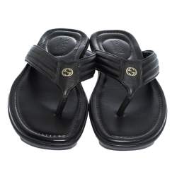 Gucci Black Leather GG Logo Thong Flat Sandals Size 42.5