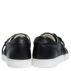 Gucci Black Leather Saville Web Detail Buckle Sneakers Size 42