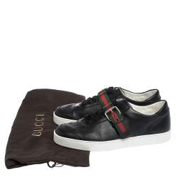 Gucci Black Leather Saville Web Detail Buckle Sneakers Size 42