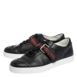 Gucci Black Leather Saville Web Detail Buckle Sneakers Size 42