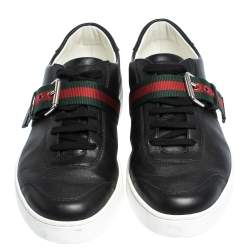 Gucci Black Leather Saville Web Detail Buckle Sneakers Size 42