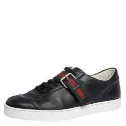 Gucci Black Leather Saville Web Detail Buckle Sneakers Size 42