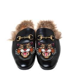 Pre Owned حذاء مولز غوتشي "برينستون" جلد أسود مطرز بنقشة النمر و بطانة من الفرو مقاس 40