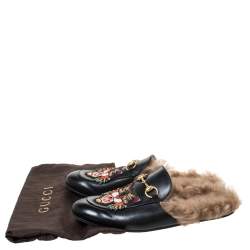 Pre Owned حذاء مولز غوتشي "برينستون" جلد أسود مطرز بنقشة النمر و بطانة من الفرو مقاس 40