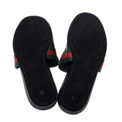 مملوكة مسبقًا Gucci Black Leather Horsebit Web Flat Slide Size 42