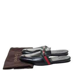 مملوكة مسبقًا Gucci Black Leather Horsebit Web Flat Slide Size 42