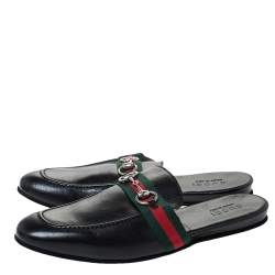 مملوكة مسبقًا Gucci Black Leather Horsebit Web Flat Slide Size 42