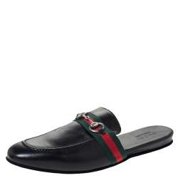ممل�وكة مسبقًا Gucci Black Leather Horsebit Web Flat Slide Size 42