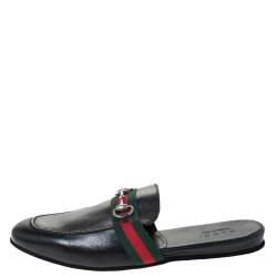 مملوكة مسبقًا Gucci Black Leather Horsebit Web Flat Slide Size 42