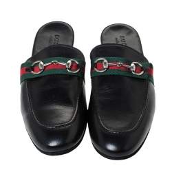 مملوكة مسبقًا Gucci Black Leather Horsebit Web Flat Slide Size 42
