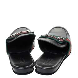 مملوكة مسبقًا Gucci Black Leather Horsebit Web Flat Slide Size 42