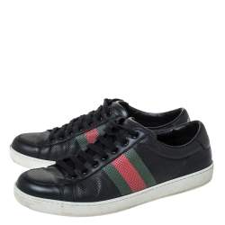 Gucci Black Perforated Leather Web Detail Low Top Sneakers Size 42.5