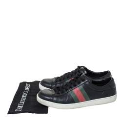 Gucci Black Perforated Leather Web Detail Low Top Sneakers Size 42.5