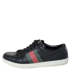 Gucci Black Perforated Leather Web Detail Low Top Sneakers Size 42.5