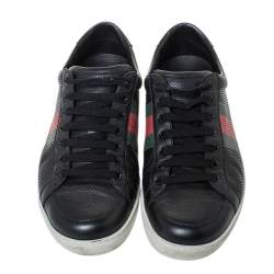 Gucci Black Perforated Leather Web Detail Low Top Sneakers Size 42.5