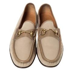 Gucci Beige Canvas And Leather Trim Horsebit Slip On Loafers Size 45