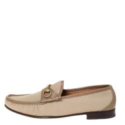 Gucci Beige Canvas And Leather Trim Horsebit Slip On Loafers Size 45