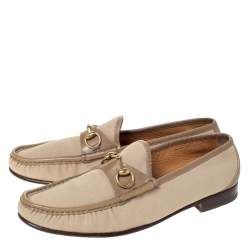 Gucci Beige Canvas And Leather Trim Horsebit Slip On Loafers Size 45