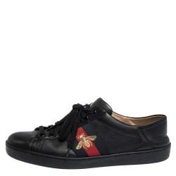 Gucci Black Leather Ace Web Bee Low Top Lace Up Sneakers Size 43.5