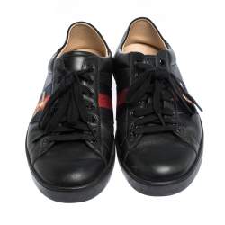 Gucci Black Leather Ace Web Bee Low Top Lace Up Sneakers Size 43.5