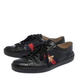 Gucci Black Leather Ace Web Bee Low Top Lace Up Sneakers Size 43.5
