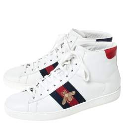 مملوكة مسبقًا Gucci White Leather Ace Web Bee High Top Sneakers Size 40