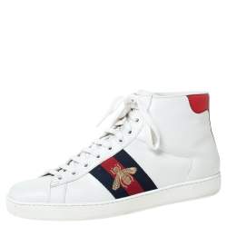 مملوكة مسبقًا Gucci White Leather Ace Web Bee High Top Sneakers Size 40