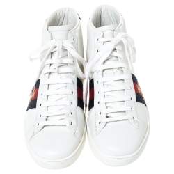 مملوكة مسبقًا Gucci White Leather Ace Web Bee High Top Sneakers Size 40