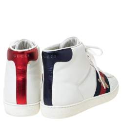 مملوكة مسبقًا Gucci White Leather Ace Web Bee High Top Sneakers Size 40