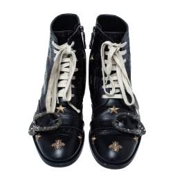 Gucci Black Leather Dionysus Bee Buckle Ankle Boots Size 41.5