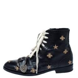 Gucci Black Leather Dionysus Bee Buckle Ankle Boots Size 41.5