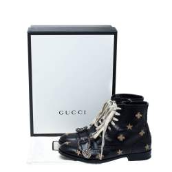 Gucci Black Leather Dionysus Bee Buckle Ankle Boots Size 41.5