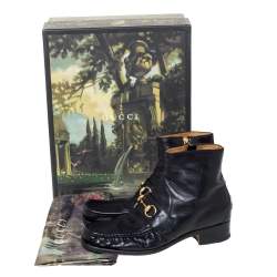 Gucci Black Leather Bee Embroidered Horse-bit Vegas Ankle Boots Size 42
