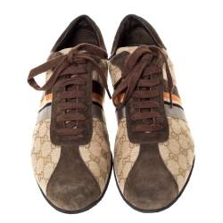 Gucci Beige GG Monogram Canvas and Brown Suede Web Lace Up Sneakers Size 43.5