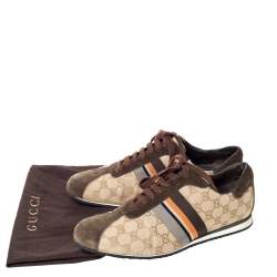 Gucci Beige GG Monogram Canvas and Brown Suede Web Lace Up Sneakers Size 43.5