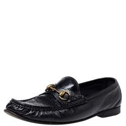 Pre Owned Gucci Black Patent Leather Horsebit Slip On Loafers Size 42.5