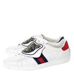 Gucci White Leather Ace Web Low Top Sneakers with Removable Patch Size 41