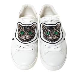 Gucci White Leather Ace Web Low Top Sneakers with Removable Patch Size 41