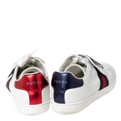 Gucci White Leather Ace Web Low Top Sneakers with Removable Patch Size 41