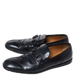 Pre Owned Gucci Dark Blue Leather Horsebit Wingtip Slip On Loafers Size 43