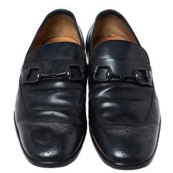 Pre Owned Gucci Dark Blue Leather Horsebit Wingtip Slip On Loafers Size 43