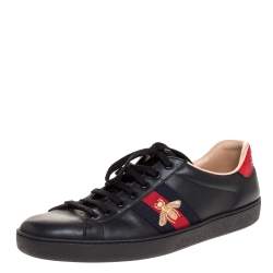 Gucci Black Leather Ace Web Bee Low Top Sneakers Size 45